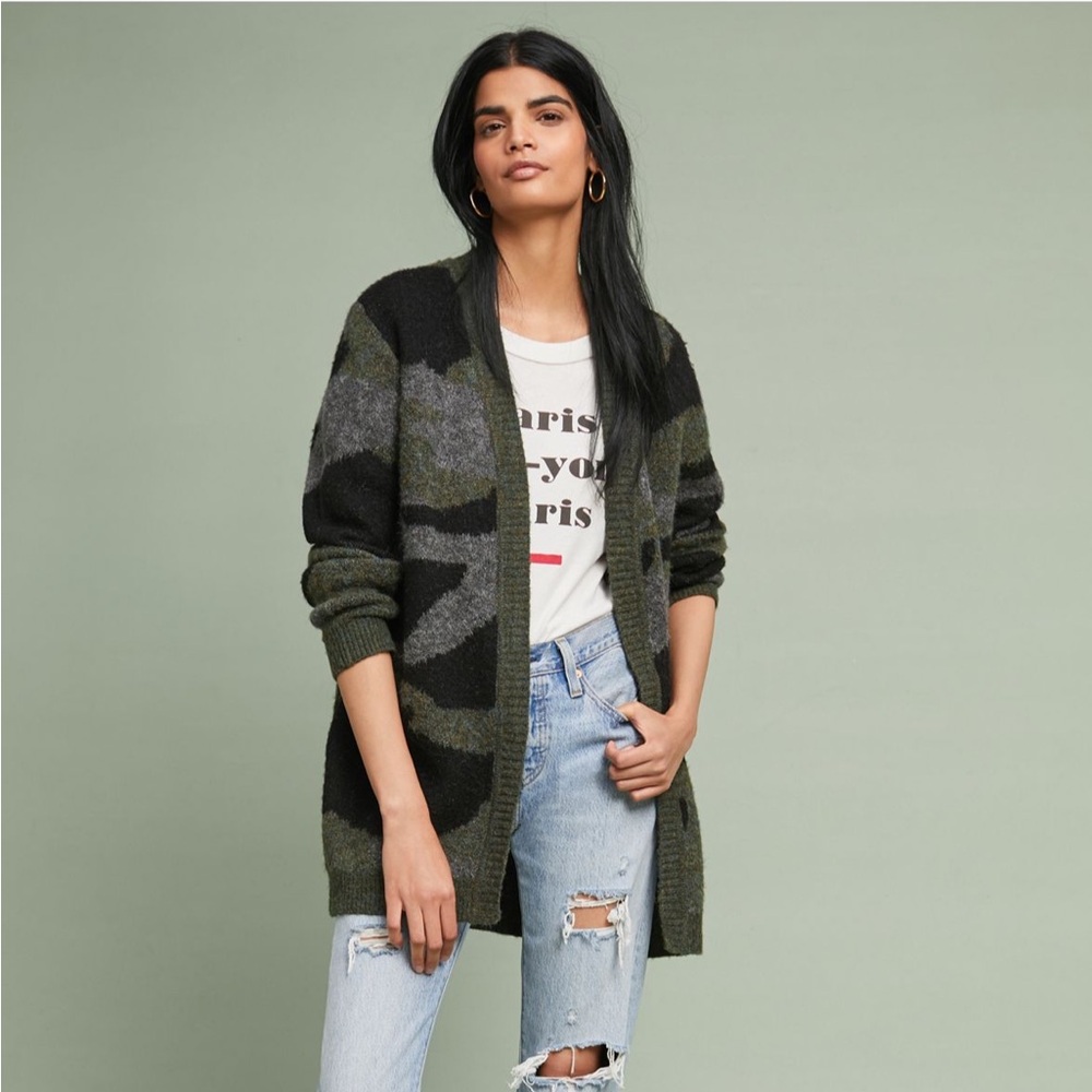 Anthropologie Moth Camo Cardigan in Gray, Black and Green